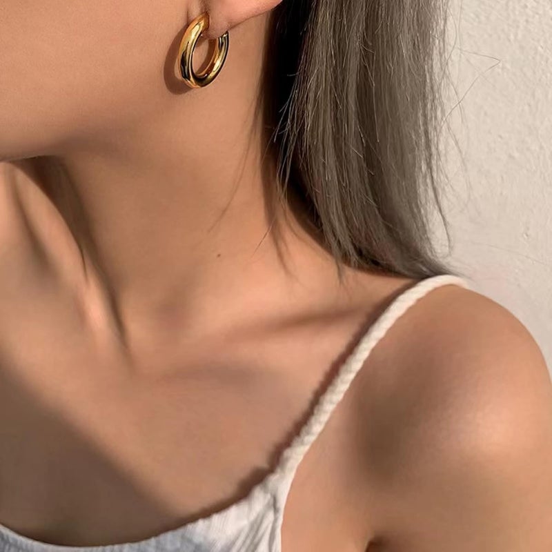 Tewiky Chunky Gold Hoop Earrings for Women, 14k Gold Plated Thick Triple Hoop Earrings Hypoallergenic Trendy Chunky Gold Hoops Earrings Dainty Jewelry Gifts for Women - Image 4